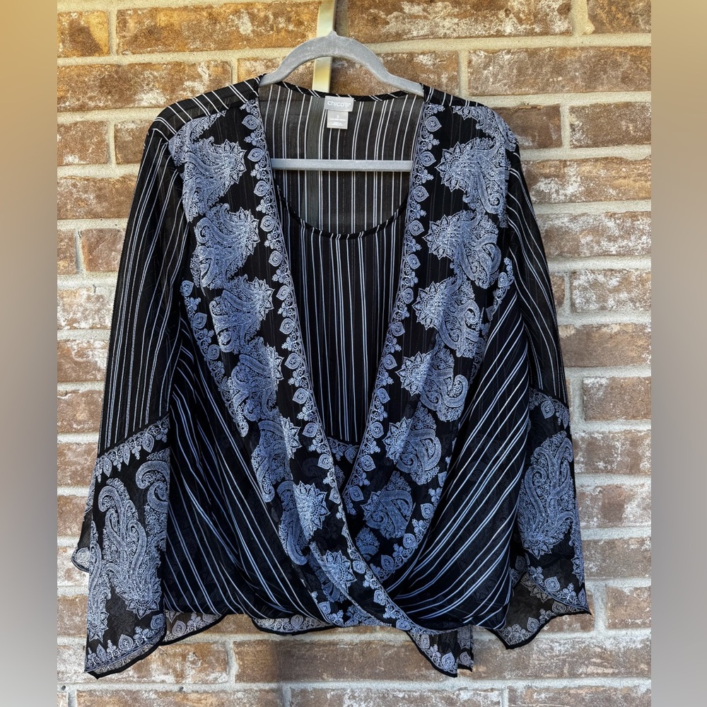 Chico's Black and White Surplice Paisley & Striped Blouse, Size 3/XL